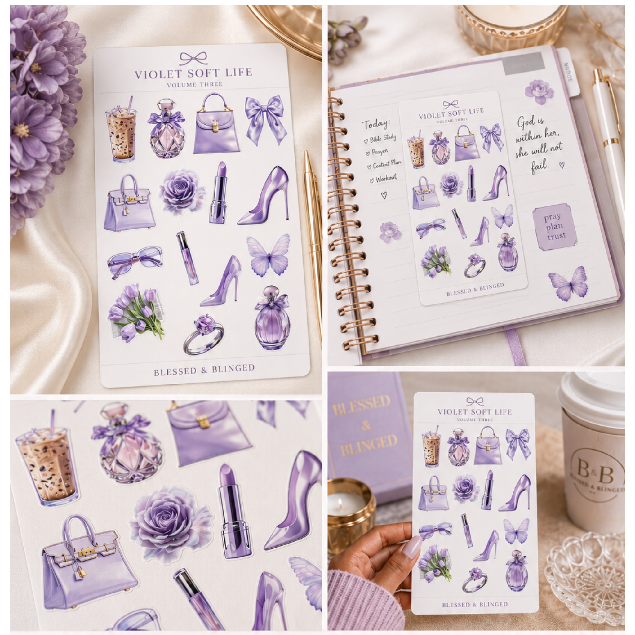 Aesthetic Sticker Sheet Collection Vol. 3 | Luxury Feminine Planner Stickers | Coquette Lifestyle Sticker Set | Blessed & Blinged